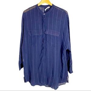 MNG Mango Suit Blue With Ivory Pinstripes Semi Sheer Tunic Shirt Dress, Size SM
